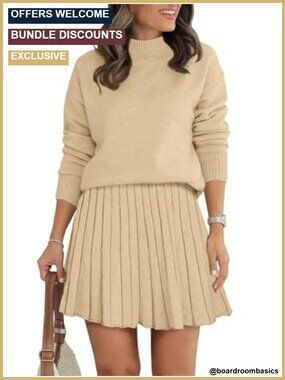 Womens Two Piece Sweater Skirt Set Pleated Mini Skirt Mock Neck Knit